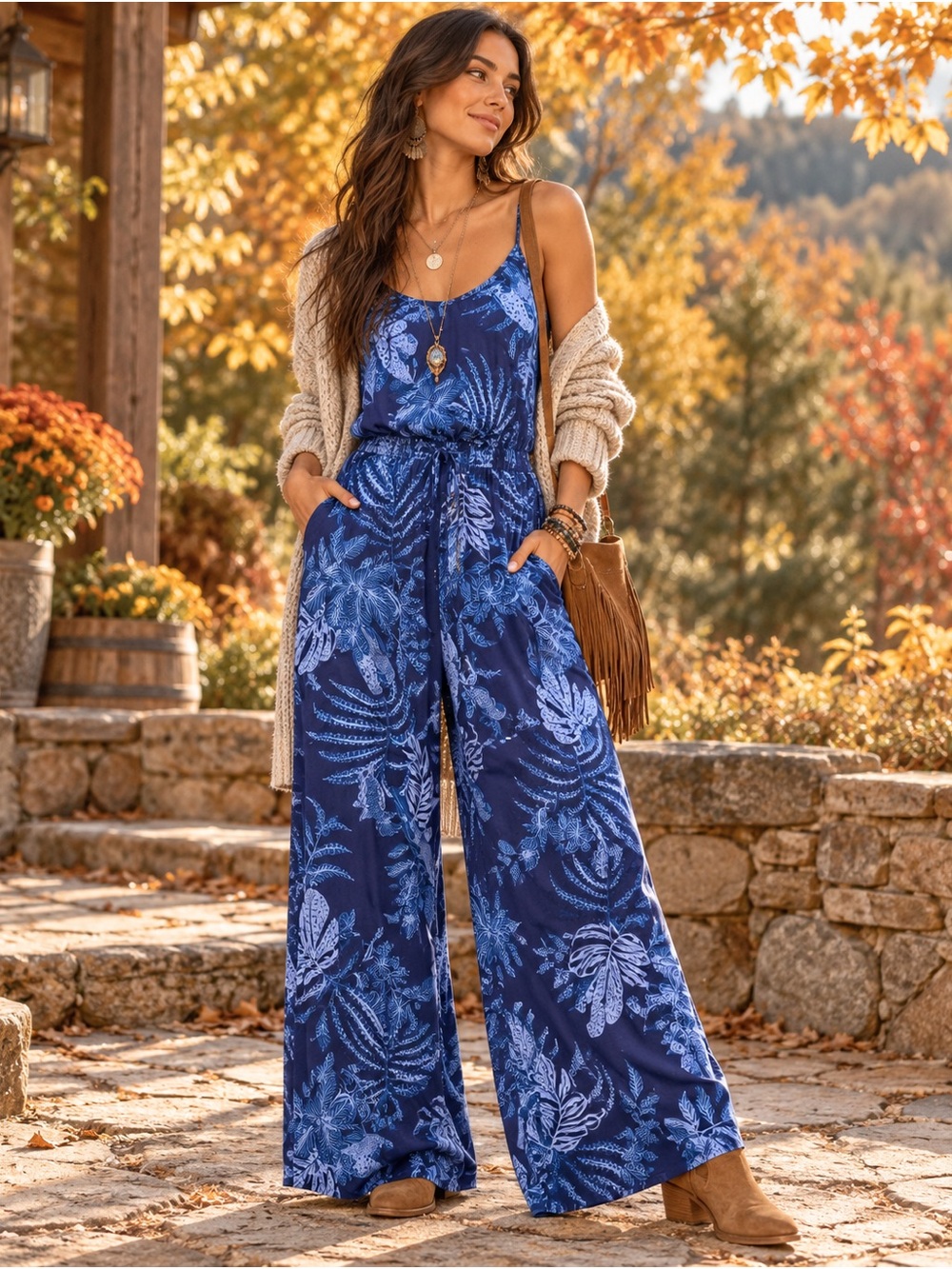 FARM Rio Navy & Light Blue Floral Wide-Leg Jumpsuit